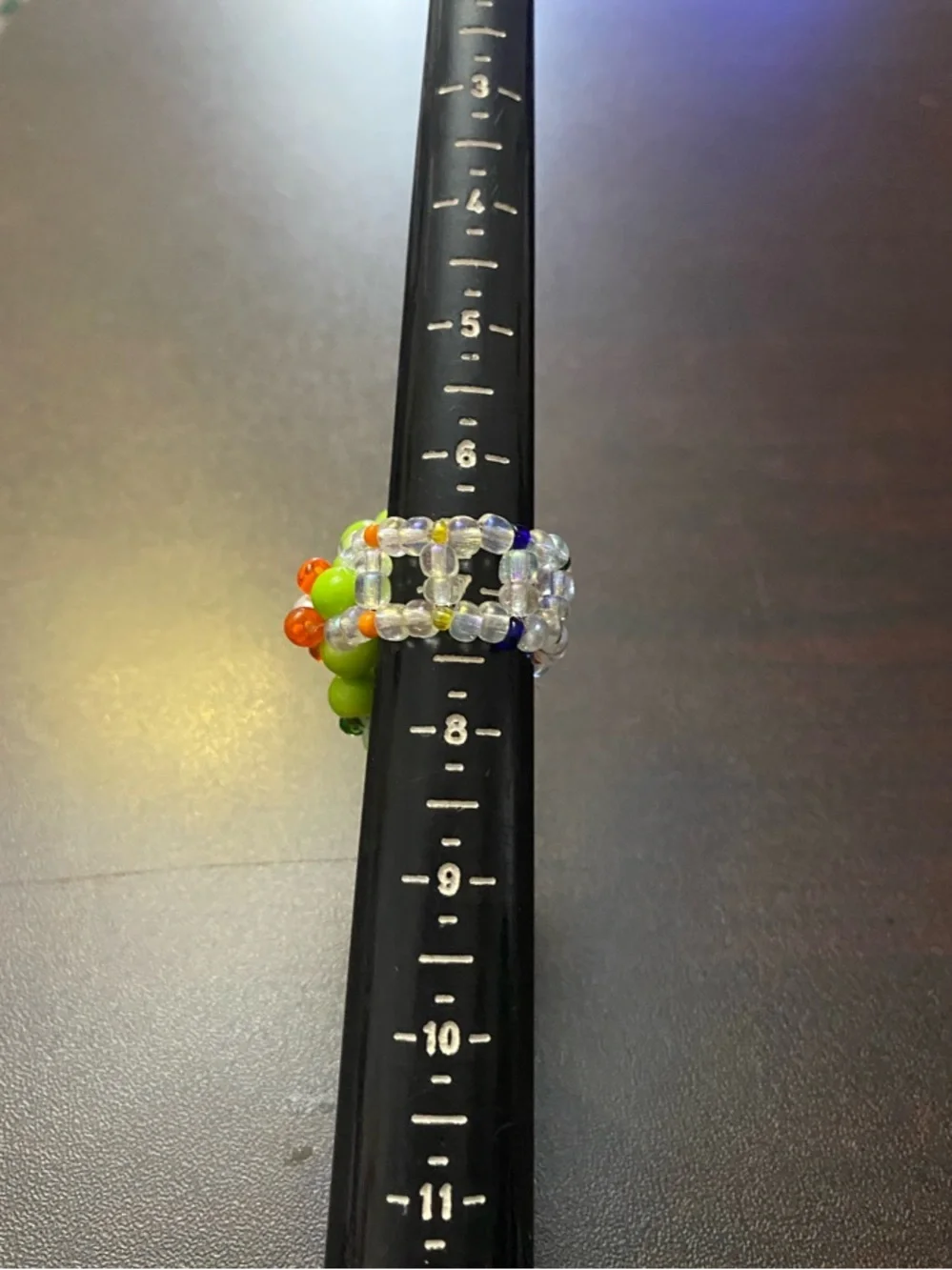 Handmade Multicolor Beaded Flower Ring — Green Accent